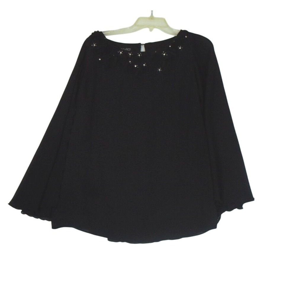 ASHRO Blouse Womens  Black Tank Lined Sheer Overlay Poncho Style Stretch Size 16